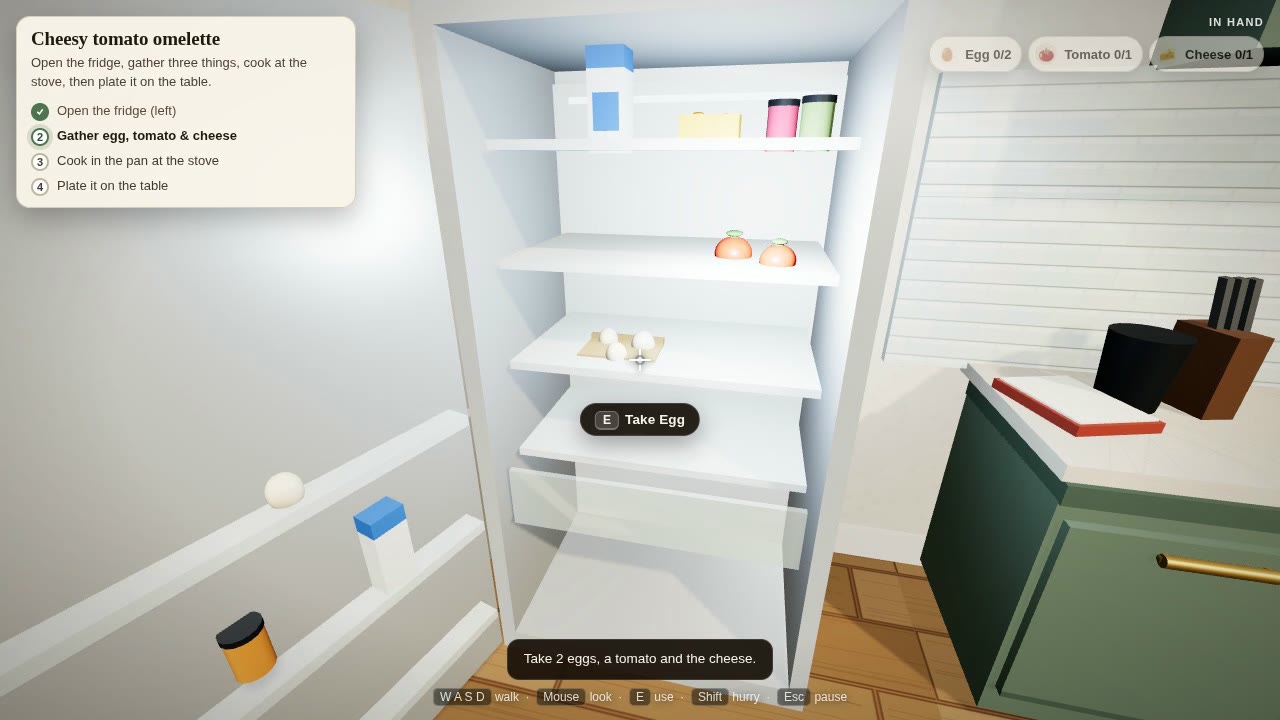 Wonder's /goal kitchen: an open fridge with lit shelves, eggs and tomatoes, a recipe card with four steps, green cabinets.