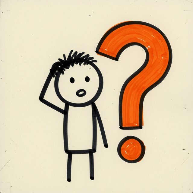 A stick figure scratching its head next to a big orange question mark.