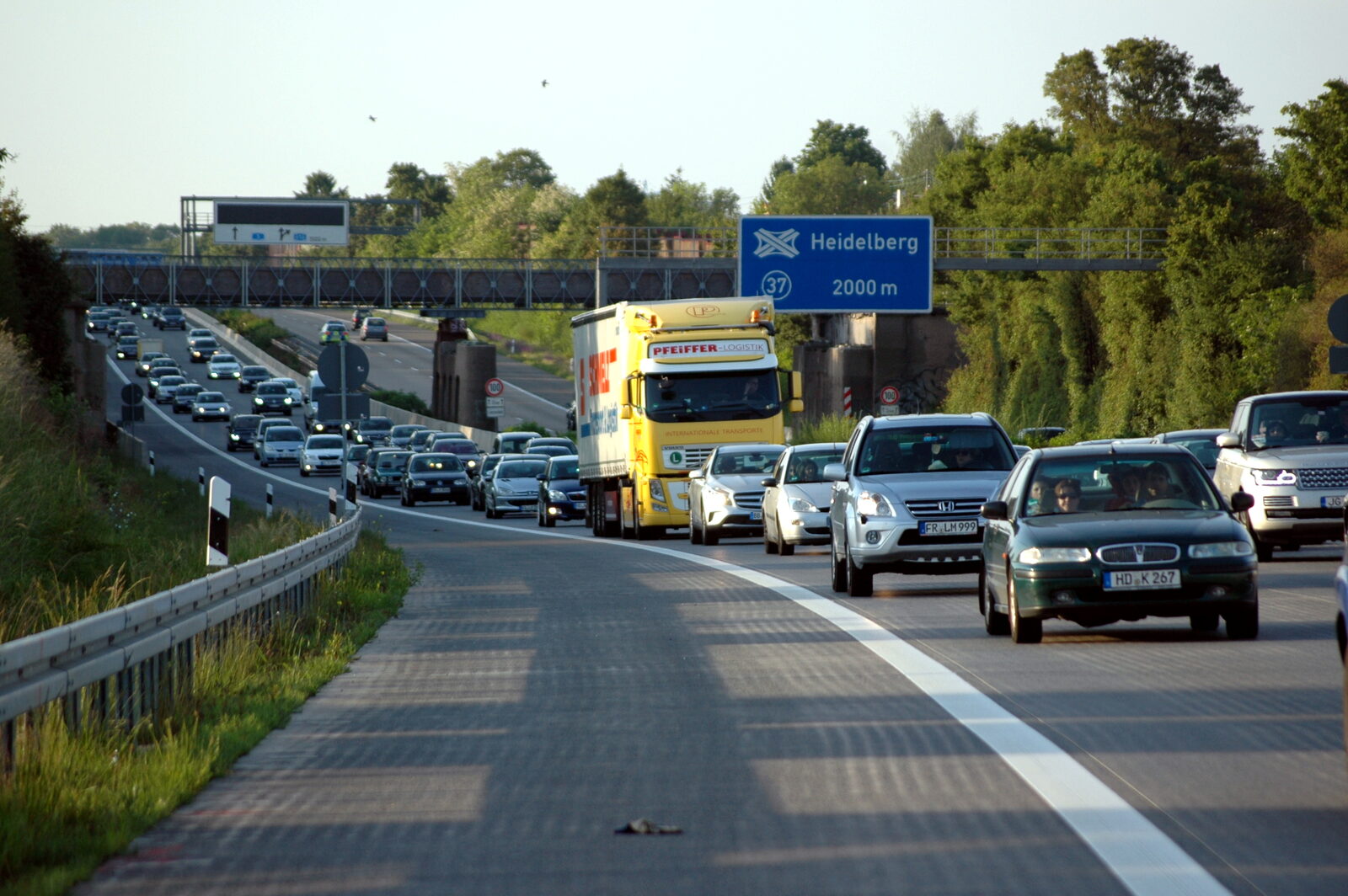 Heavy traffic on the German Autobahn A5 near Heidelberg