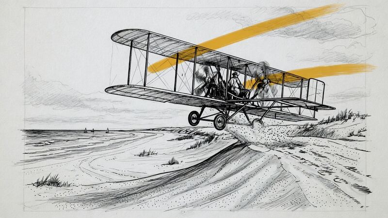 Early biplane just lifting off a sandy strip.
