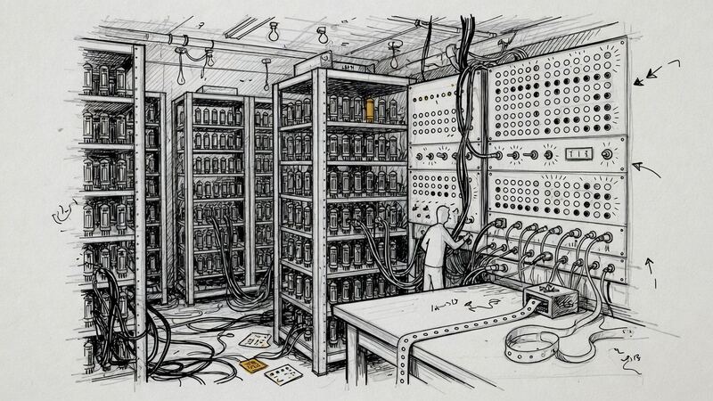 Room-sized 1940s computer of racks, cables, and glowing tubes.