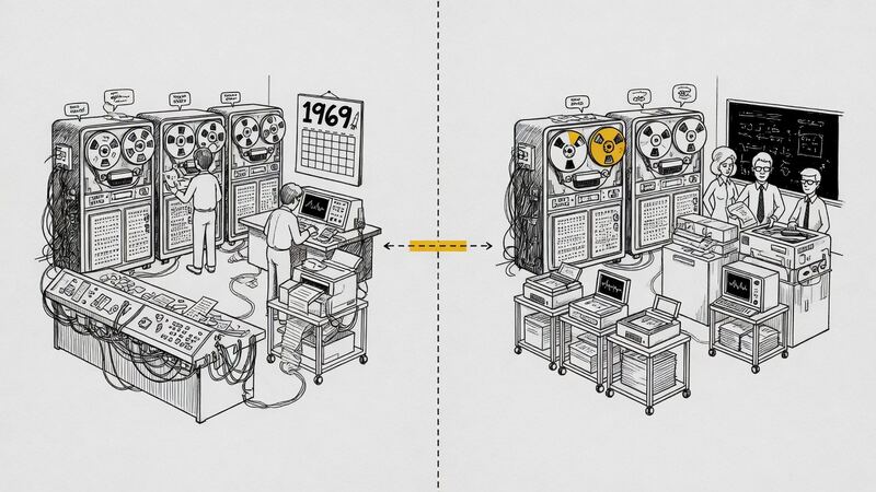 Two 1960s computer rooms linked by a thin line.