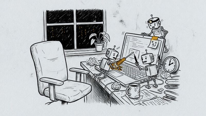 Small helper figures working at a laptop after the person has left.